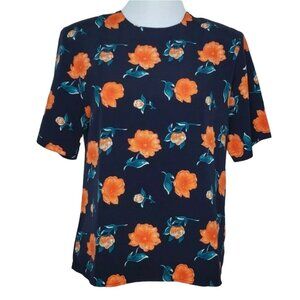 Vintage Worthington Blouse Size Medium Petite Floral Short Sleeves Blue Orange